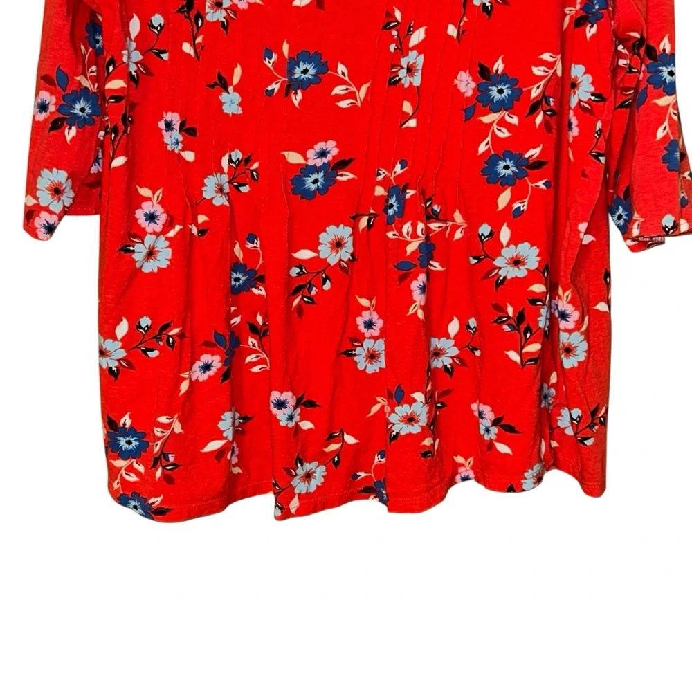 Woman‎ Within Red Floral Pleated Blouse Top Size 14/16 3/4 Sleeve Cottagecore - Picture 4 of 9